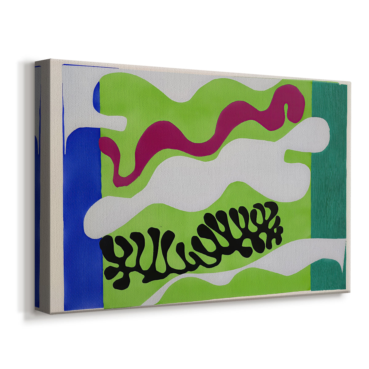 Canvas art print featuring a colorful modernist collage inspired by a lagoon, displayed at an angle