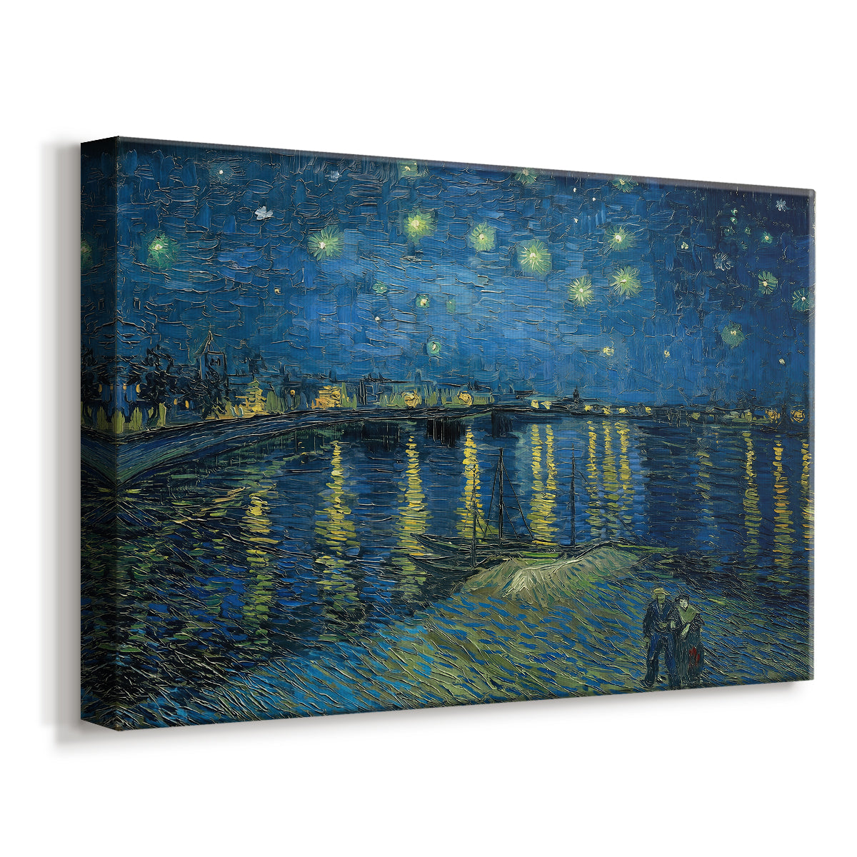 Canvas art print featuring an expressive nocturnal landscape with water and city lights, displayed at an angle