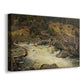 Canvas art print featuring a natural scene with rushing water cutting through terrain, displayed at an angle