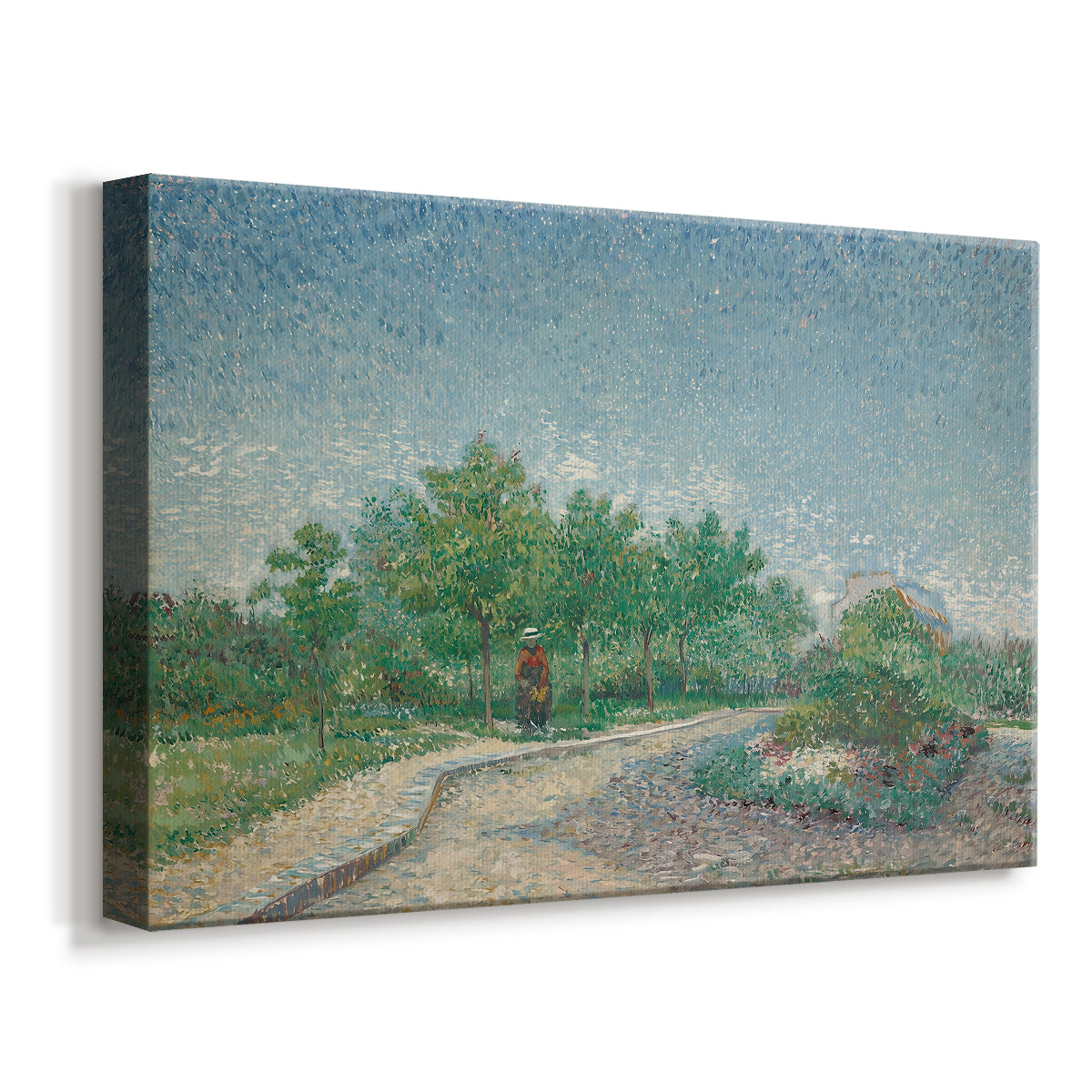 Canvas art print featuring an expressive city landscape with greenery and walkways, displayed at an angle