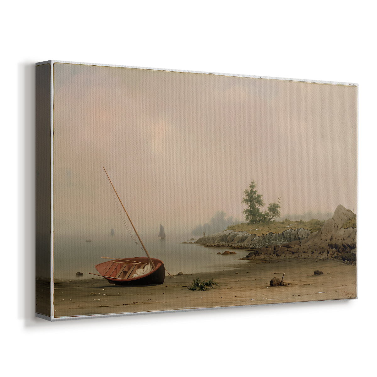 Canvas art print featuring a coastal scene with grounded vessel near water, displayed at an angle