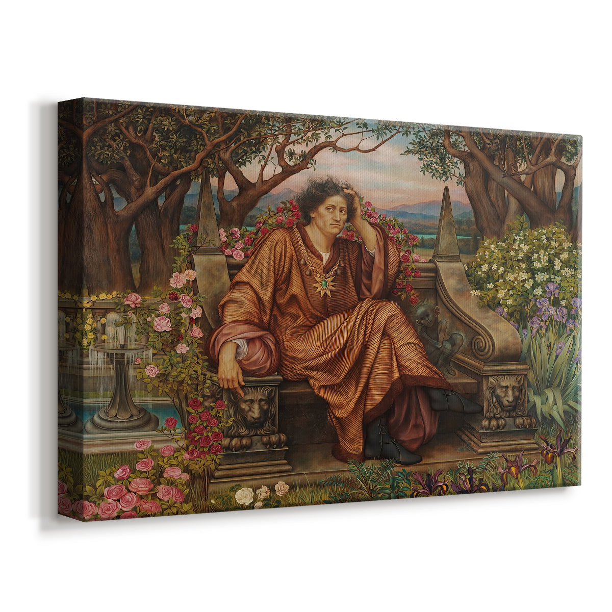 Canvas art print featuring a dramatic allegory of suffering with figure engulfed in fiery environment, displayed at an angle