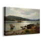 Canvas art print featuring a waterfront scene with people and boats near edge of water, displayed at an angle