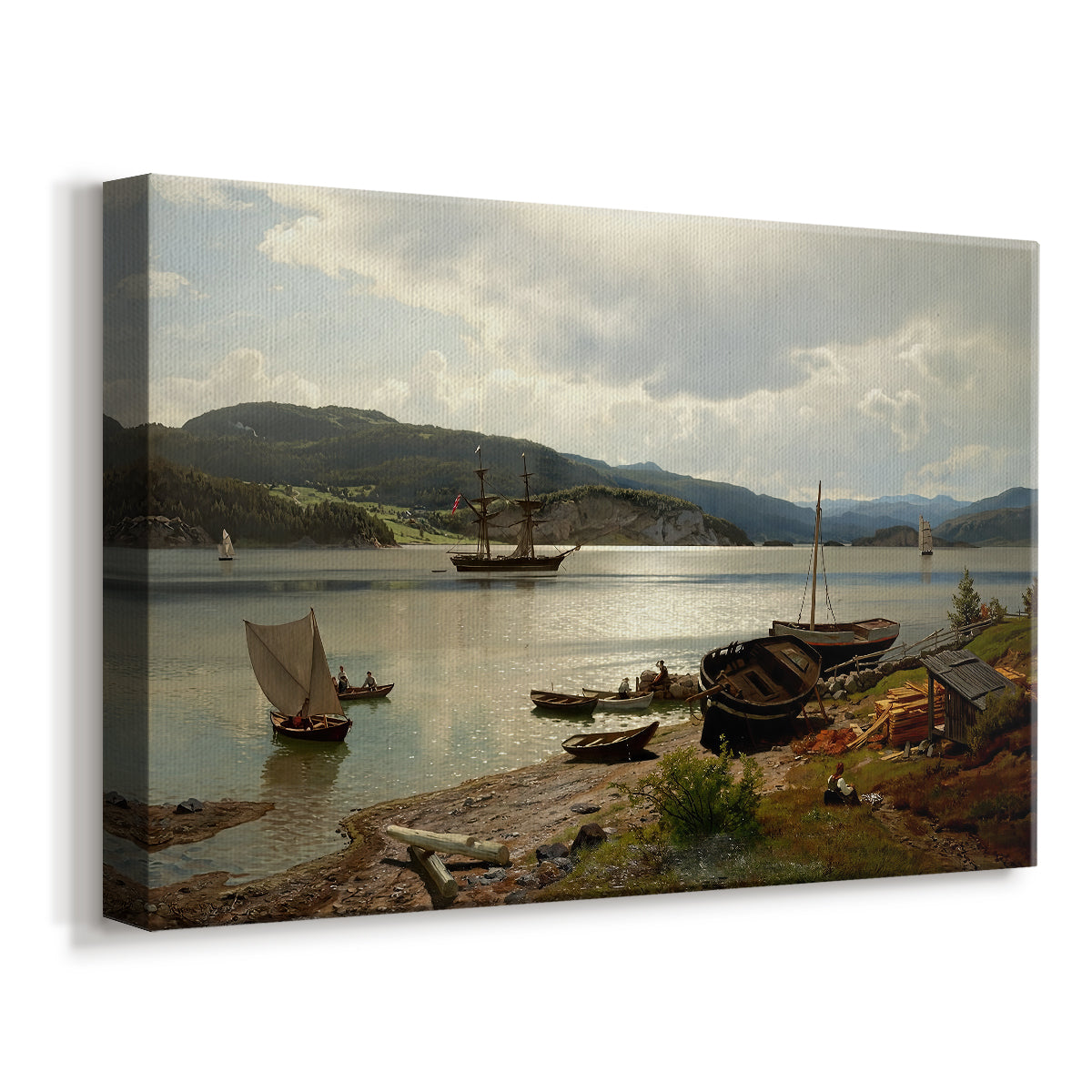 Canvas art print featuring a waterfront scene with people and boats near edge of water, displayed at an angle