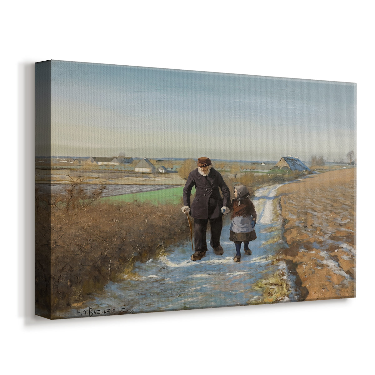 Canvas art print featuring a countryside scene with older figure guiding child through landscape, displayed at an angle