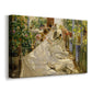 Canvas art print featuring a coastal labor scene with people handling fabric near shore, displayed at an angle