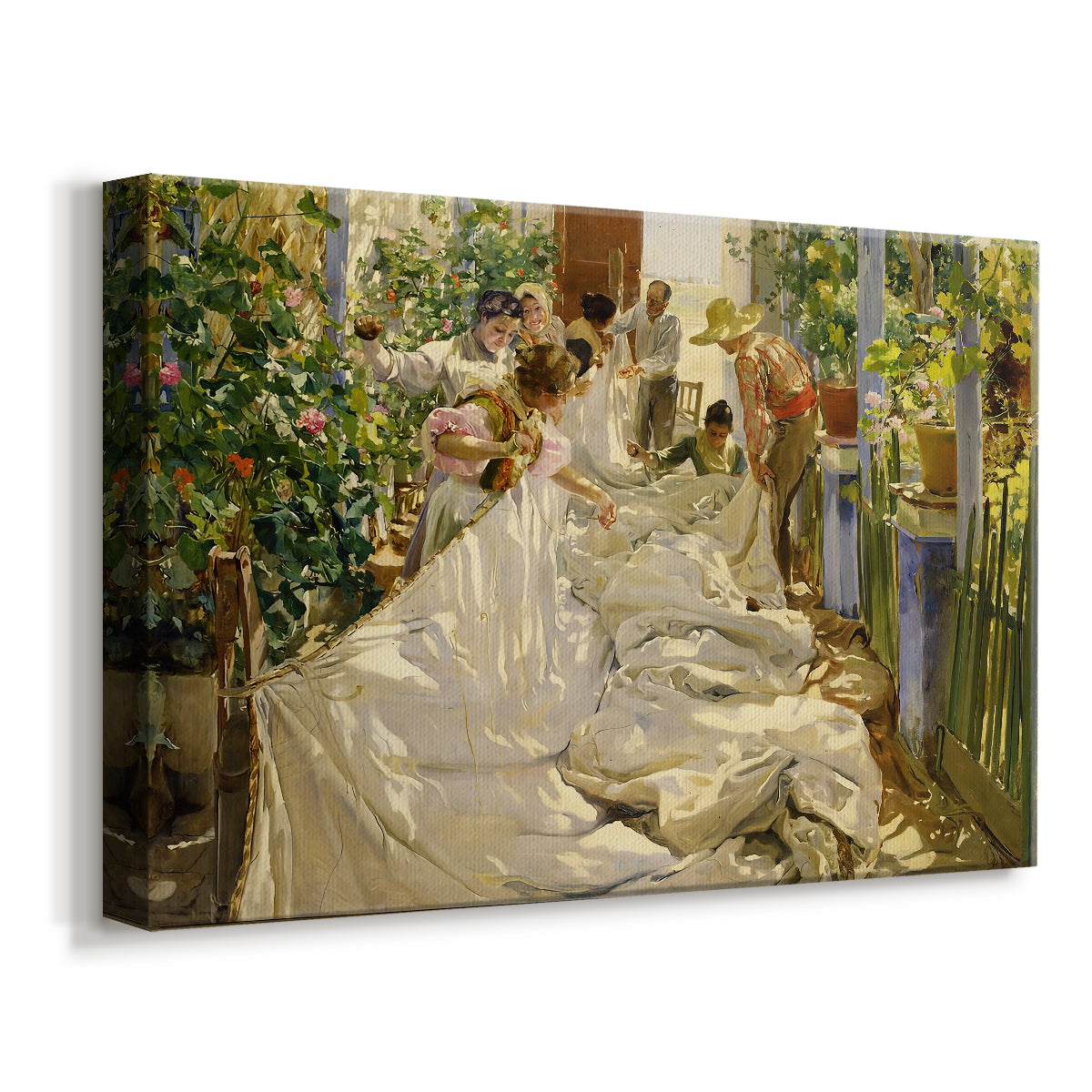Canvas art print featuring a coastal labor scene with people handling fabric near shore, displayed at an angle
