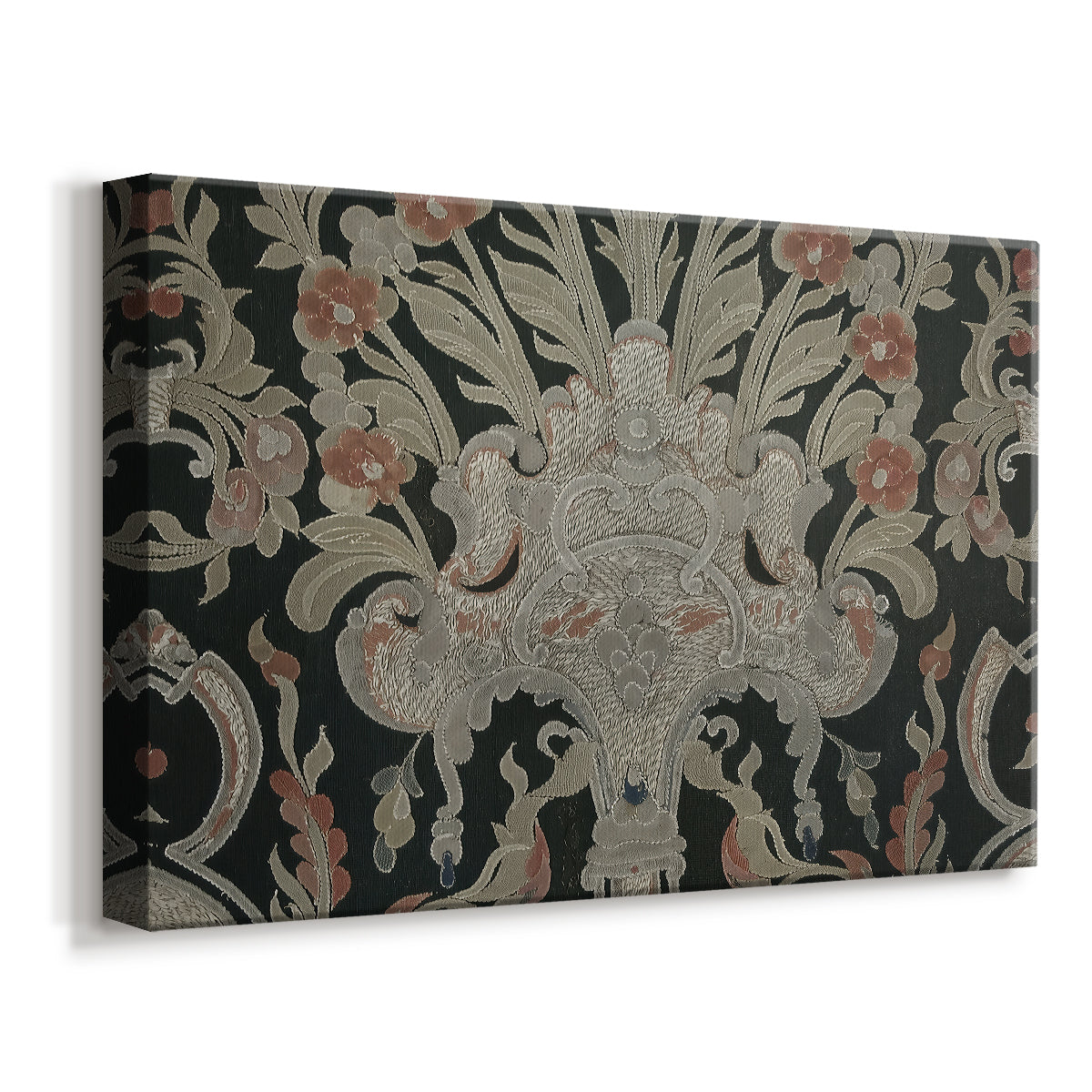 Canvas art print featuring a textile design combining organic shapes and patterned background, displayed at an angle