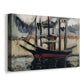 Canvas art print featuring an expressive harbor scene with docked boats, displayed at an angle