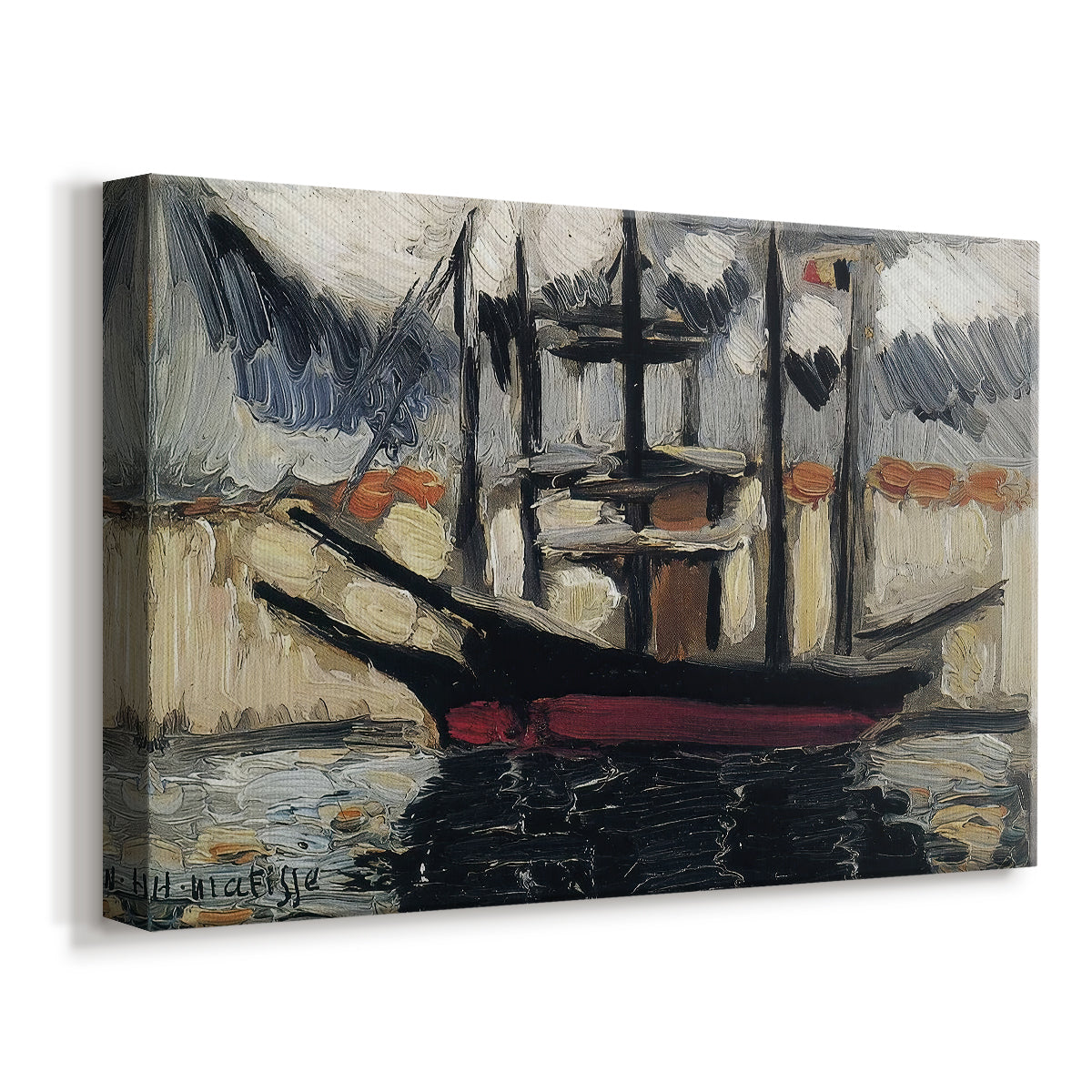 Canvas art print featuring an expressive harbor scene with docked boats, displayed at an angle
