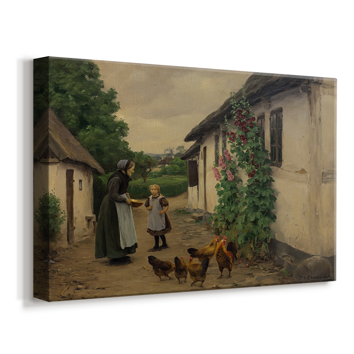Canvas art print featuring a rural scene with people arriving at home in quiet courtyard, displayed at an angle