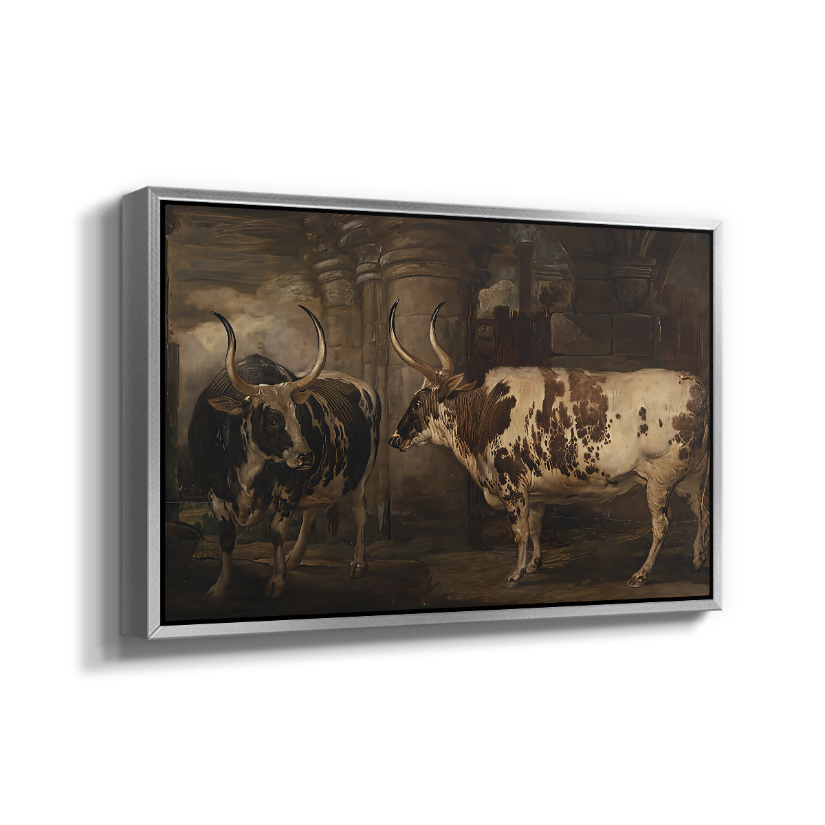 Portraits of Two Extraordinary Oxen, Property of the Earl of Powis, 1814 - Floater Framed Canvas Print