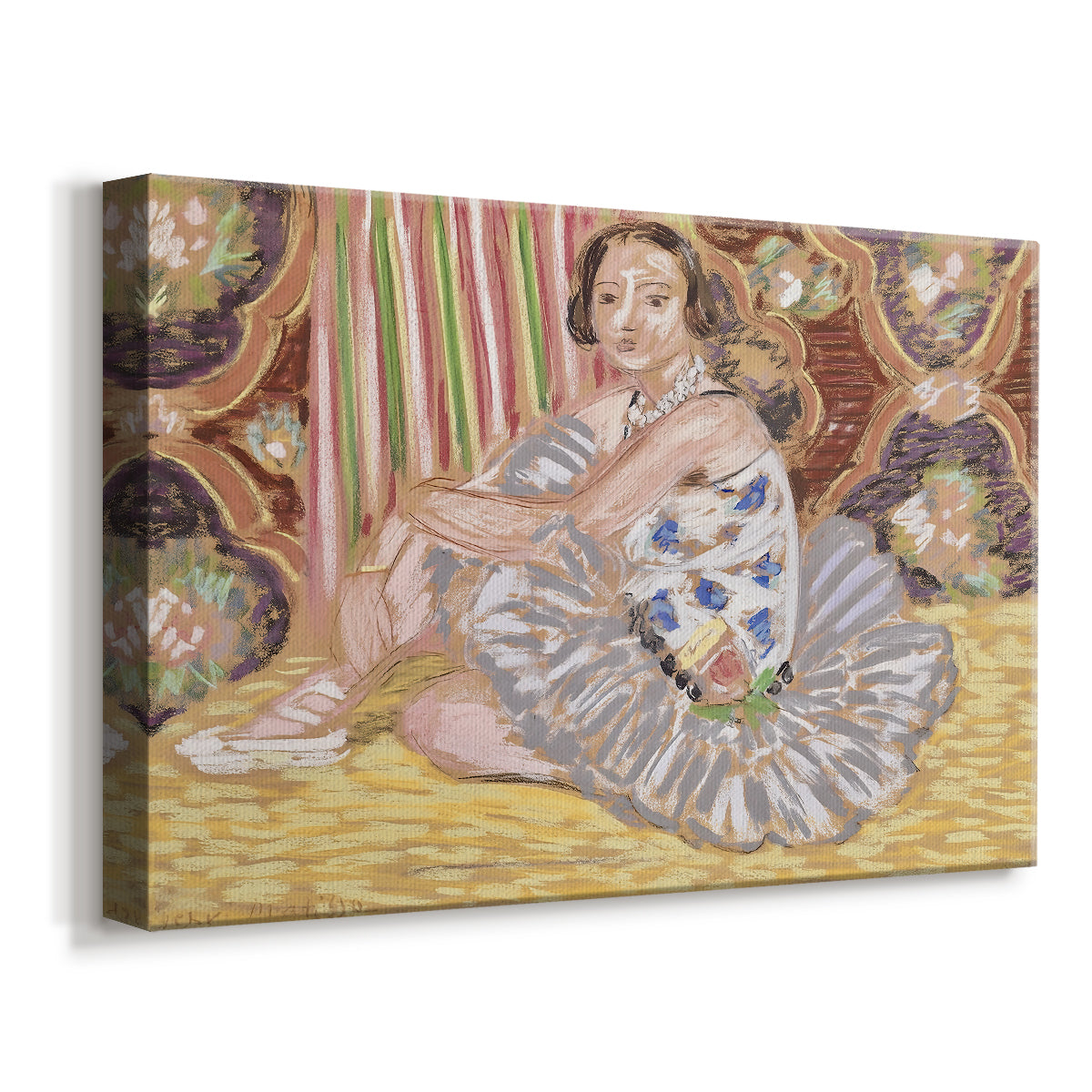 Canvas art print featuring an expressive portrait of a dancer in an ornate setting, displayed at an angle