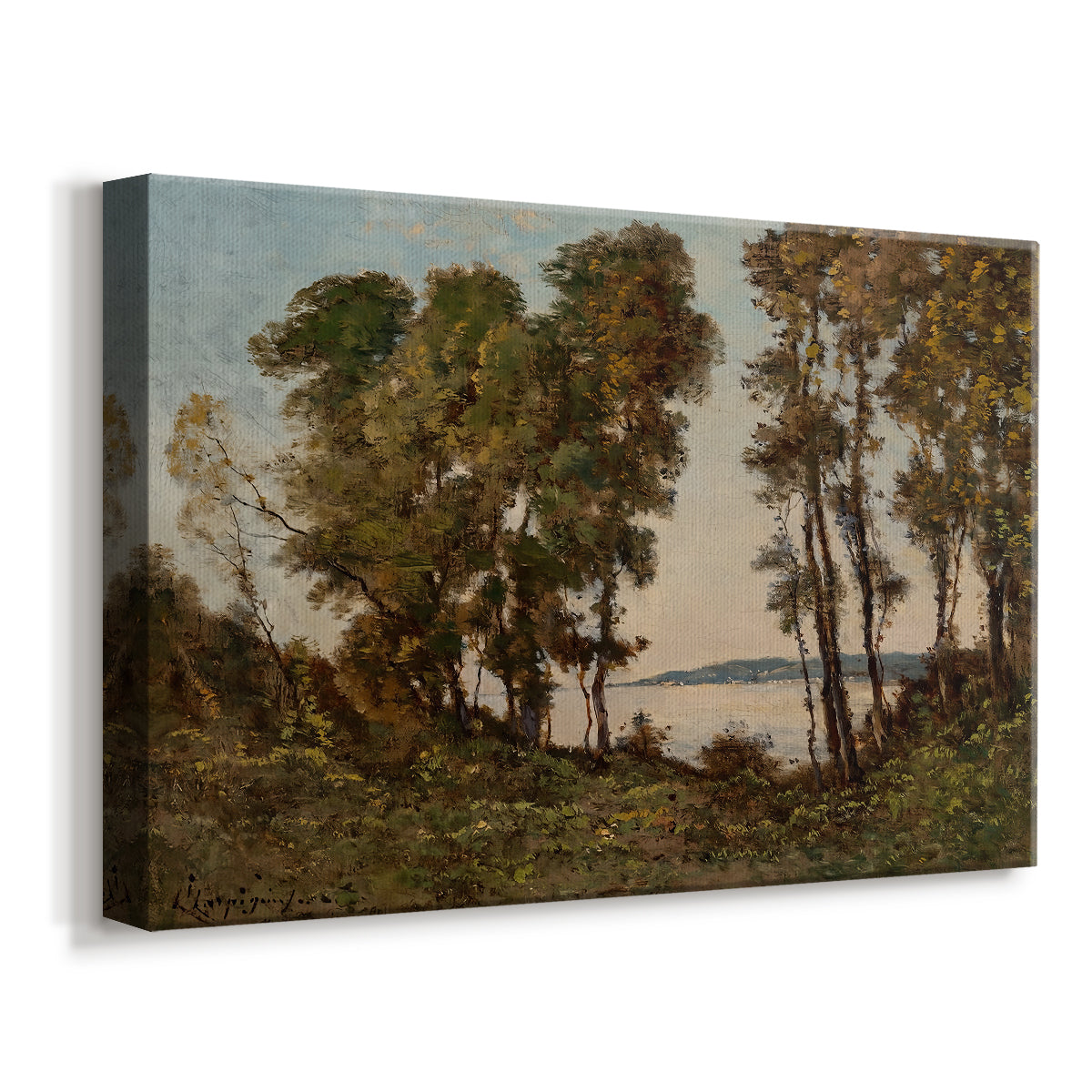 Canvas art print featuring a pastoral river scene with foliage along shoreline, displayed at an angle