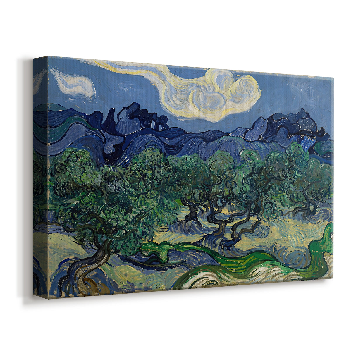 Canvas art print featuring a countryside scene with low trees and rocky hills beyond, displayed at an angle