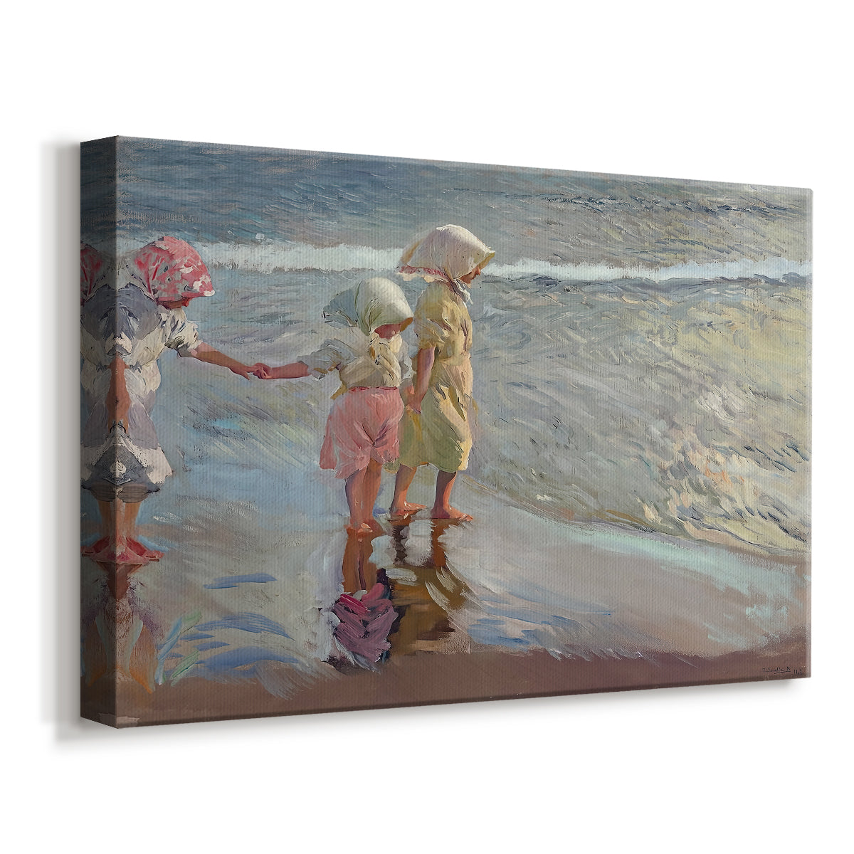 Canvas art print featuring a coastal portrait of figures grouped near shoreline, displayed at an angle