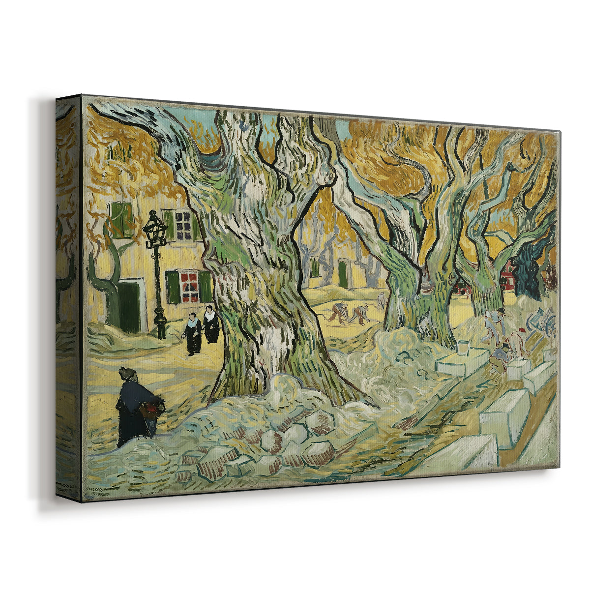 Canvas art print featuring an outdoor scene with figures working beneath spreading tree canopy, displayed at an angle