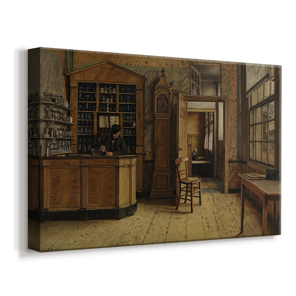Canvas art print featuring a quiet interior scene with person in traditional tavern setting, displayed at an angle