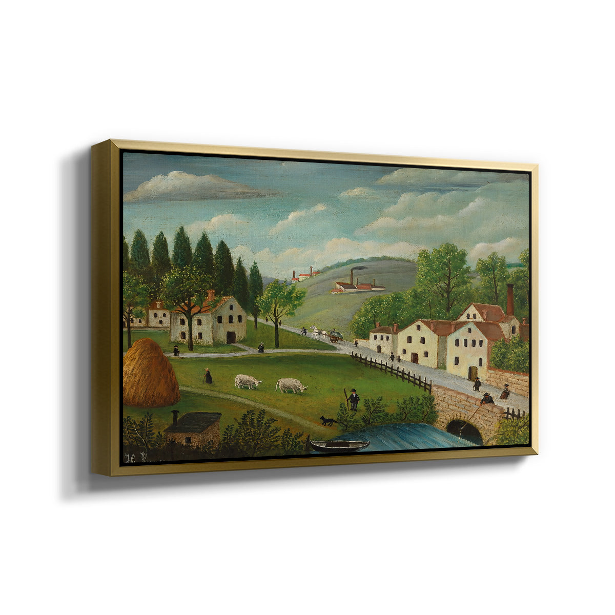 Pastoral Landscape with Stream, Fisherman and Strollers, 1875-1880 - Floater Framed Canvas Print
