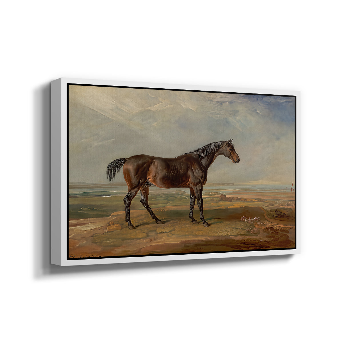 Dr. Syntax, a Bay Racehorse, Standing in a Coastal Landscape, an Estuary Beyond, c. 1820 - Floater Framed Canvas Print