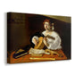Canvas art print featuring a musician seated with lute and musical instruments on table, displayed at an angle