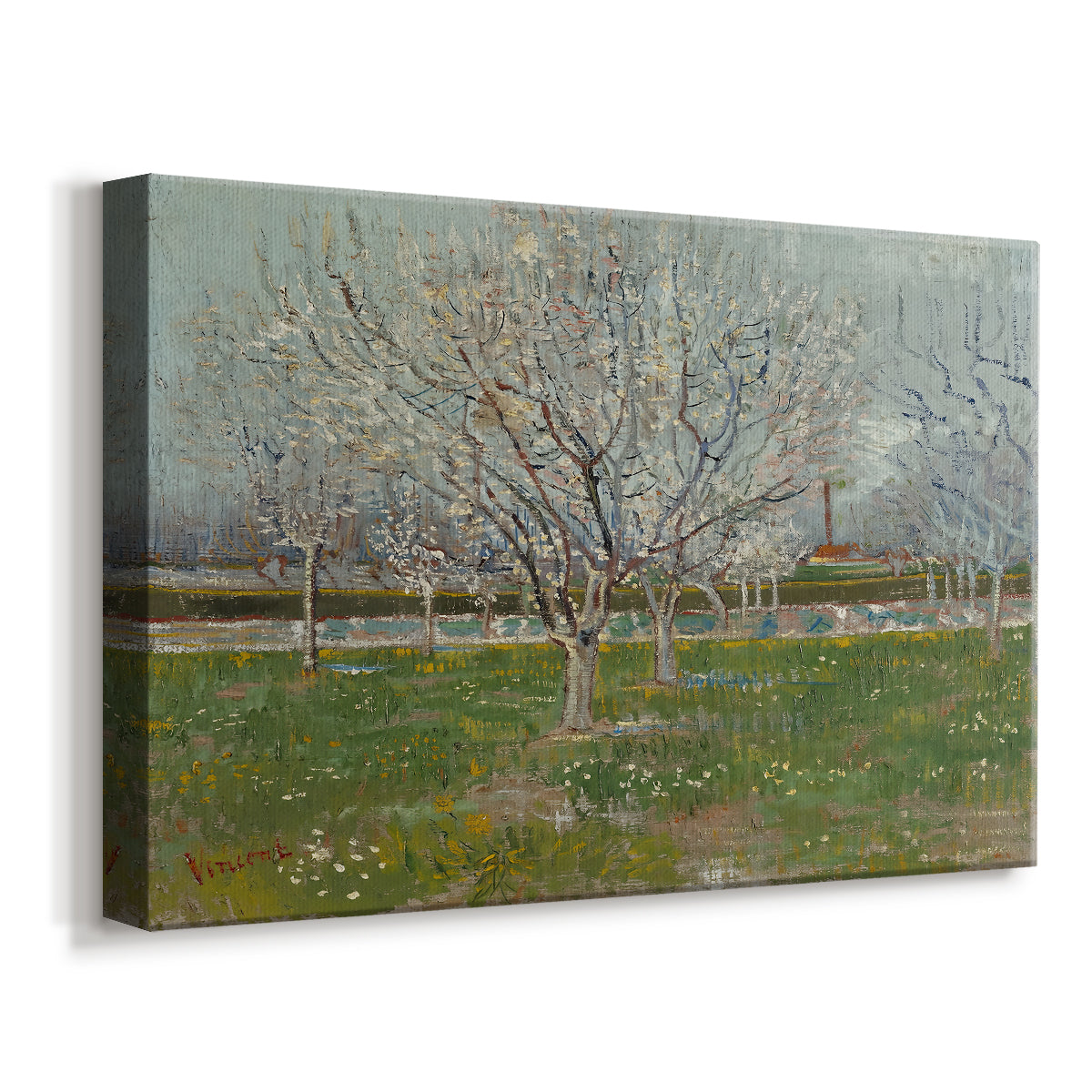 Canvas art print featuring a spring scene with repeating rows of flowering trees, displayed at an angle