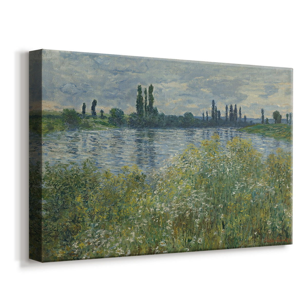 Canvas art print featuring an impressionist view of Seine with reflections and greenery, displayed at an angle