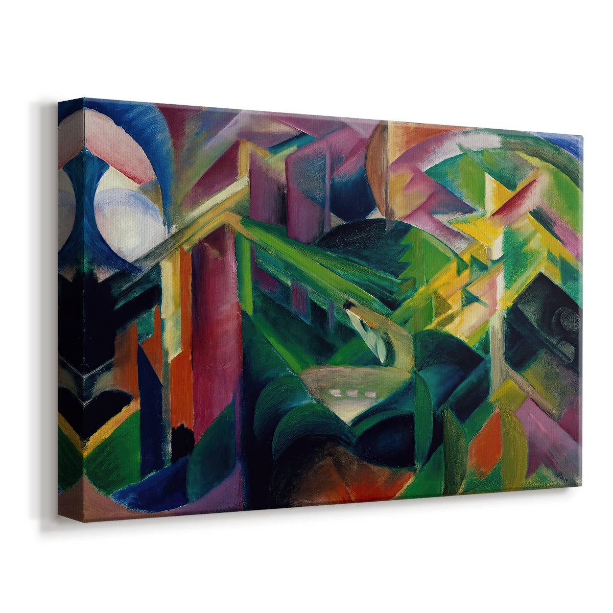 Canvas art print featuring an expressionist animals placed in structured, colorful environment, displayed at an angle