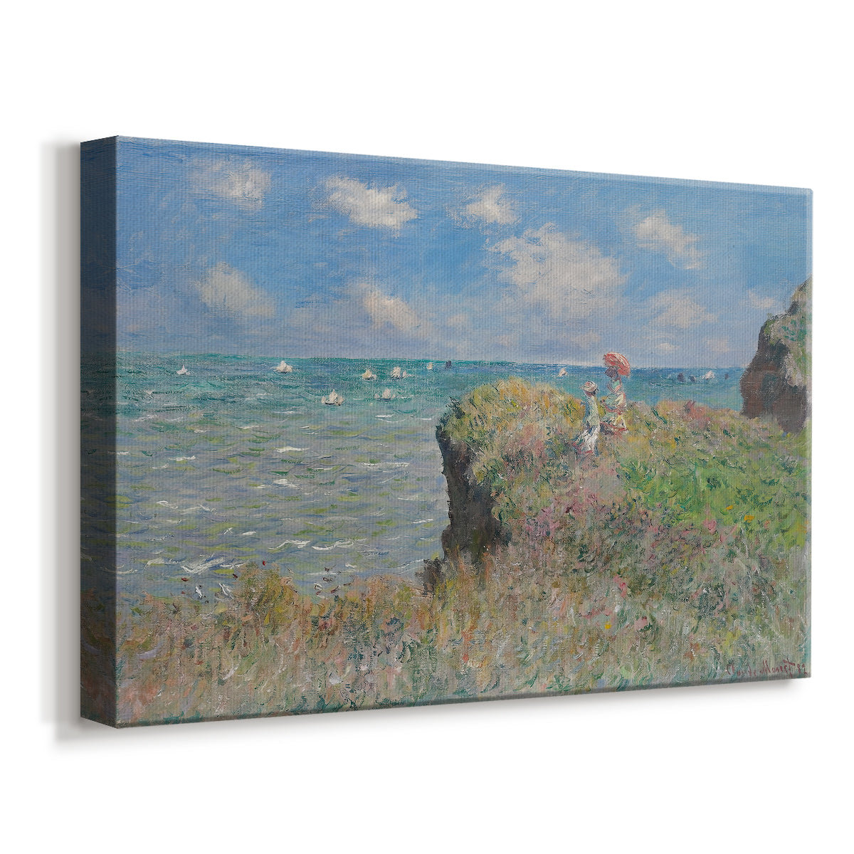 Canvas art print featuring an impressionist seaside landscape with people strolling above water, displayed at an angle
