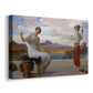 Canvas art print featuring two women engaged in textile work with draped garments, displayed at an angle