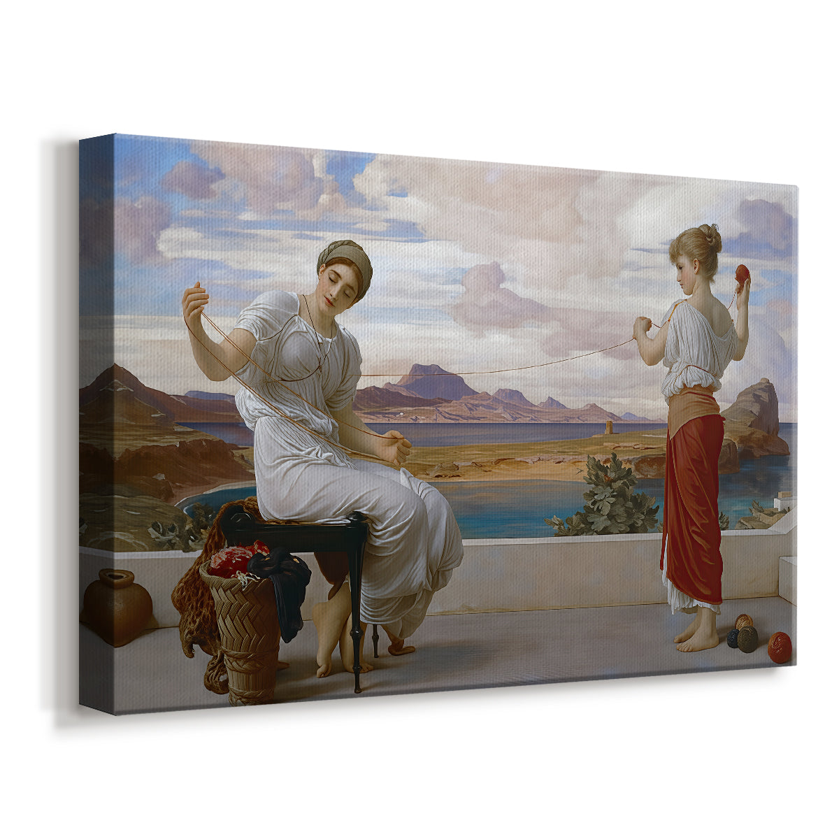 Canvas art print featuring two women engaged in textile work with draped garments, displayed at an angle