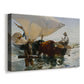 Canvas art print featuring a coastal labor scene with figures hauling vessel, displayed at an angle