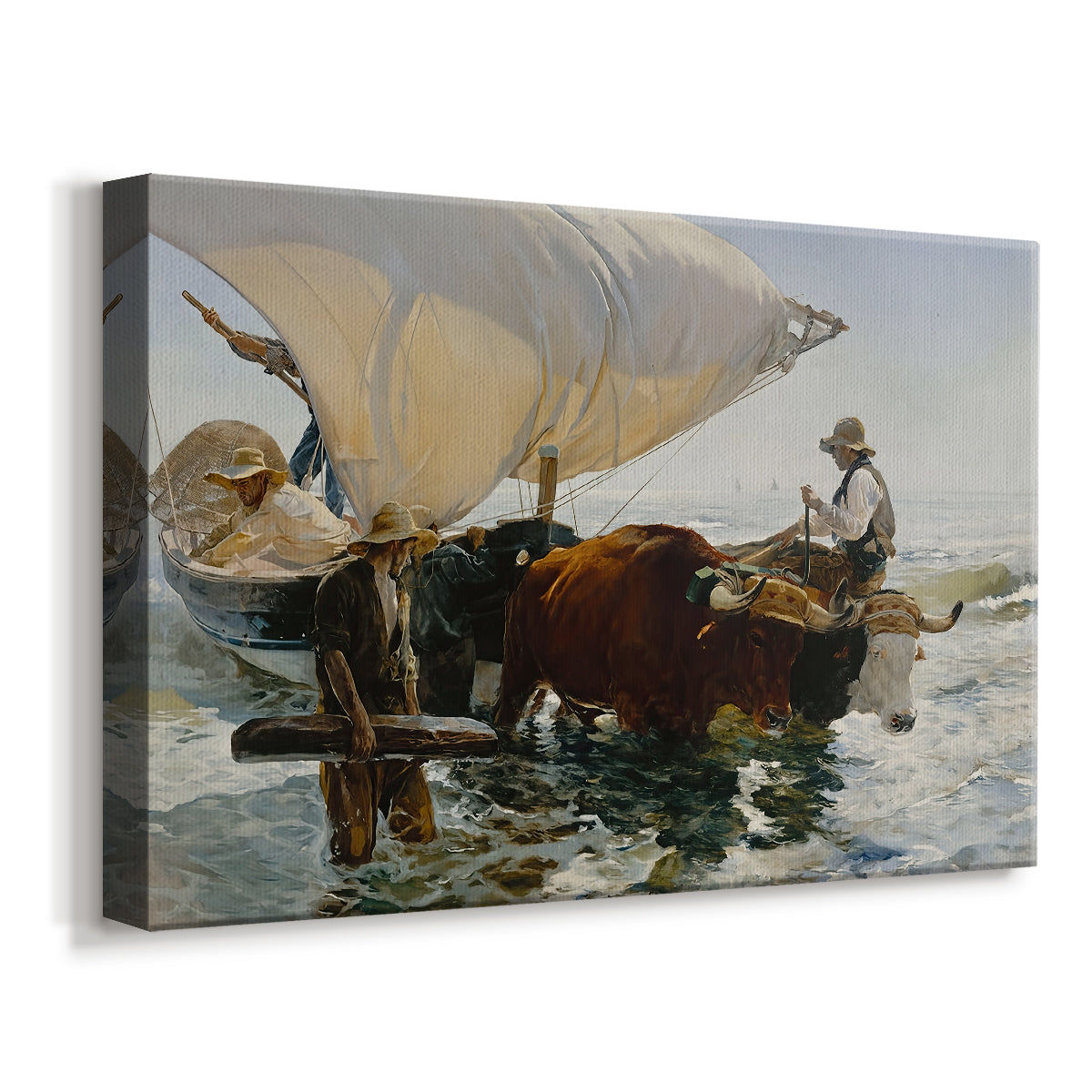 Canvas art print featuring a coastal labor scene with figures hauling vessel, displayed at an angle