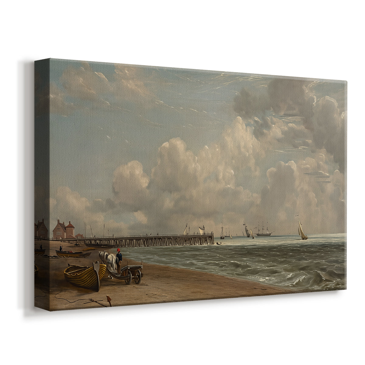 Canvas art print featuring a coastal scene with structure in water, displayed at an angle