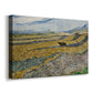 Canvas art print featuring a rural landscape with ploughman crossing yellow and blue field bands, displayed at an angle