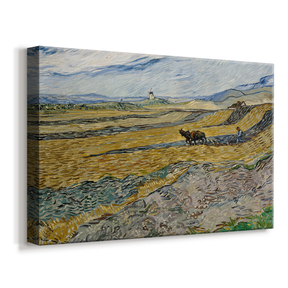 Canvas art print featuring a rural landscape with ploughman crossing yellow and blue field bands, displayed at an angle