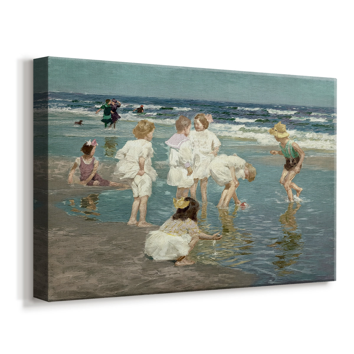 Canvas art print featuring a beach scene with figures bathing and standing in waves under bright sky, displayed at an angle
