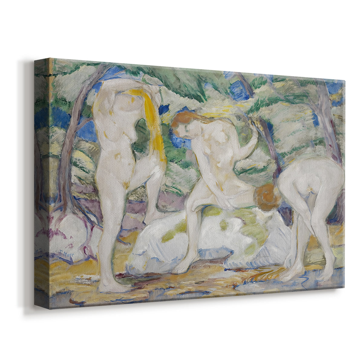 Canvas art print featuring an expressionist scene of female forms blending into natural surroundings, displayed at an angle