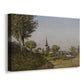 Canvas art print featuring a countryside scene featuring church building and greenery, displayed at an angle