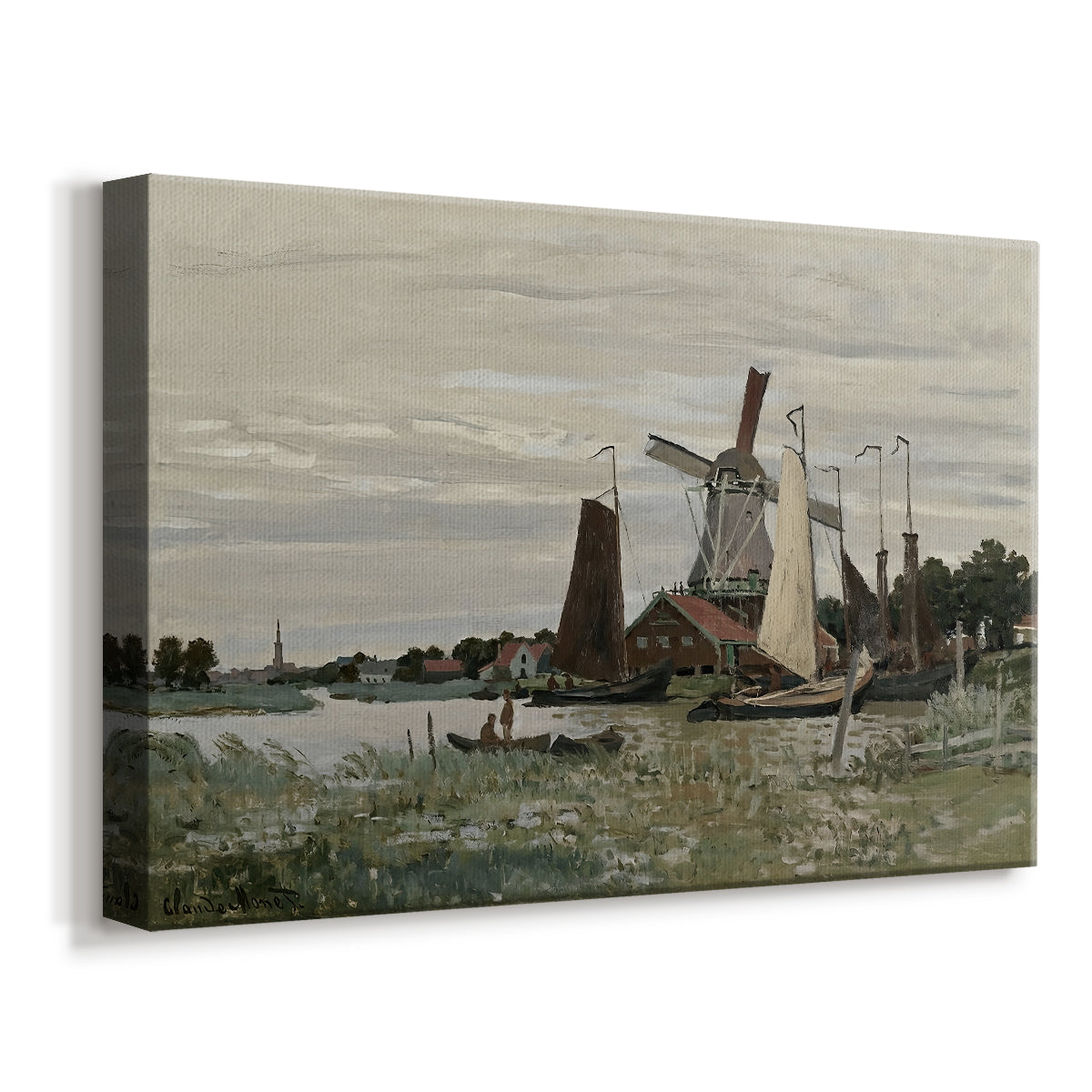 Canvas art print featuring an impressionist depiction of windmill near riverbank, displayed at an angle