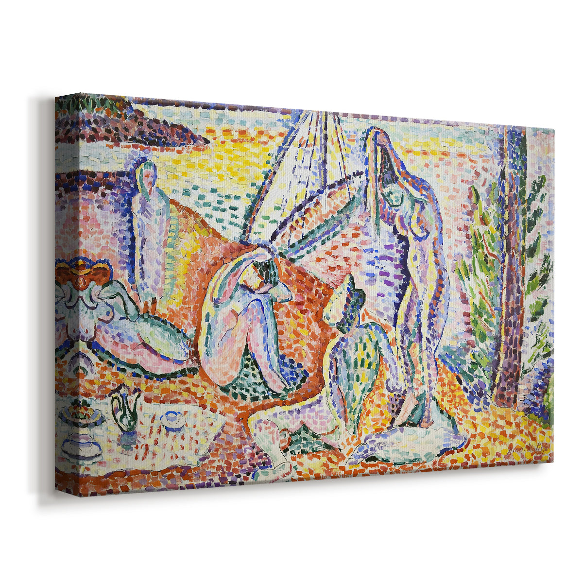 Canvas art print featuring an expressive seaside gathering with reclining and seated figures, displayed at an angle