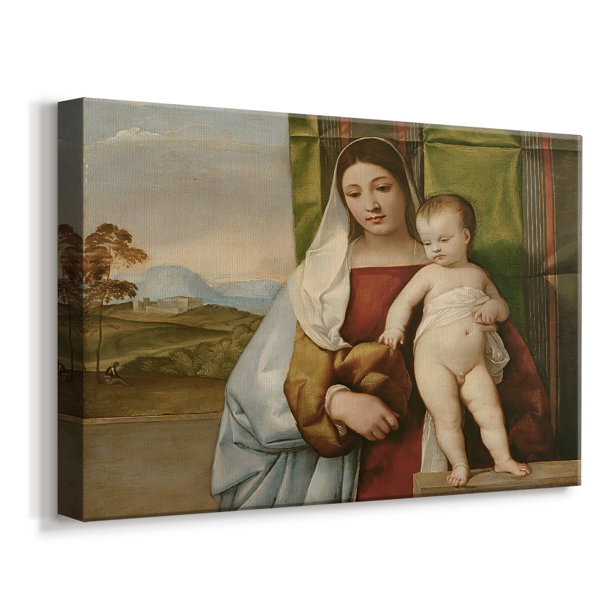 Canvas art print featuring an intimate religious scene with mother and child in natural setting, displayed at an angle