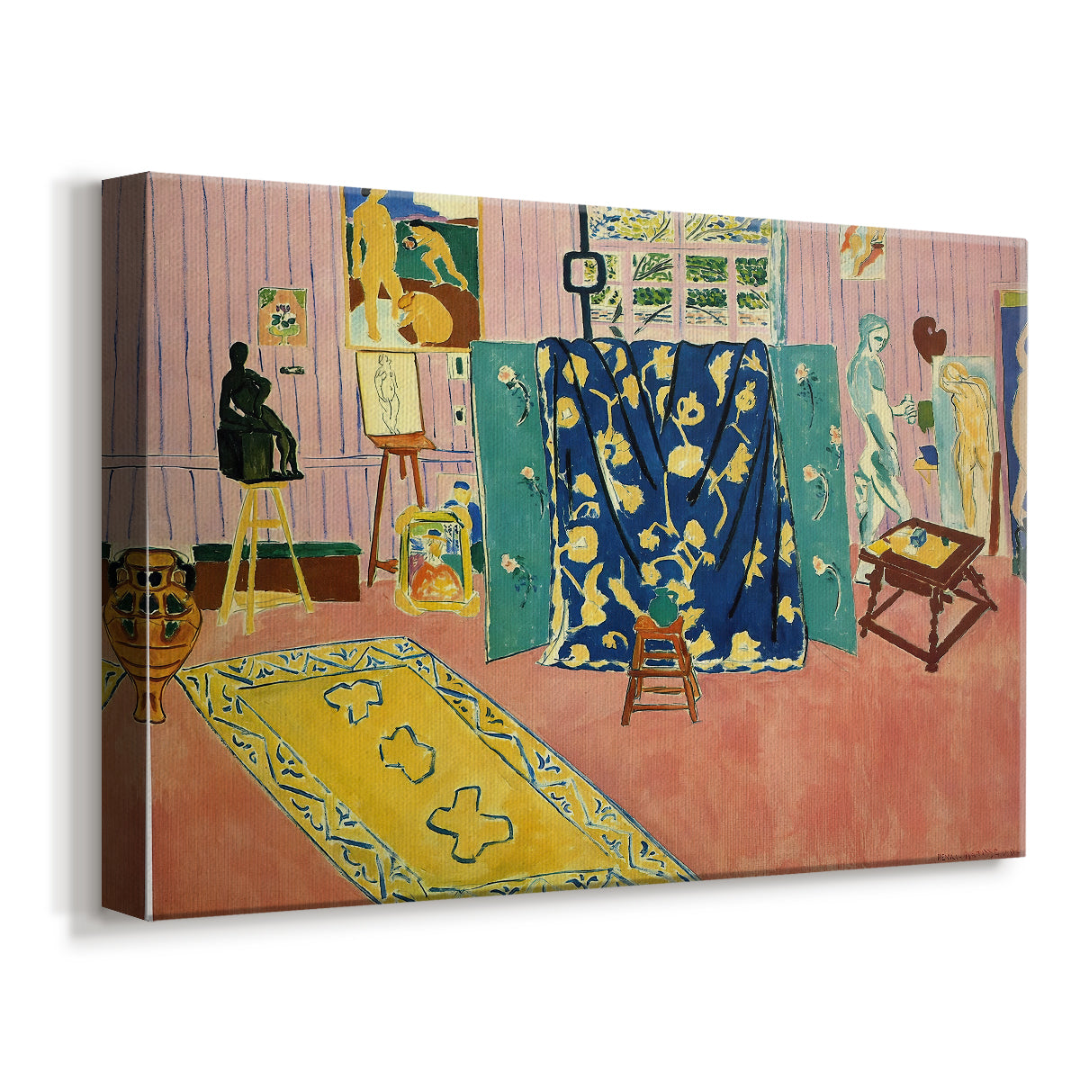 Canvas art print featuring a Fauvist artist studio with patterned walls, displayed at an angle