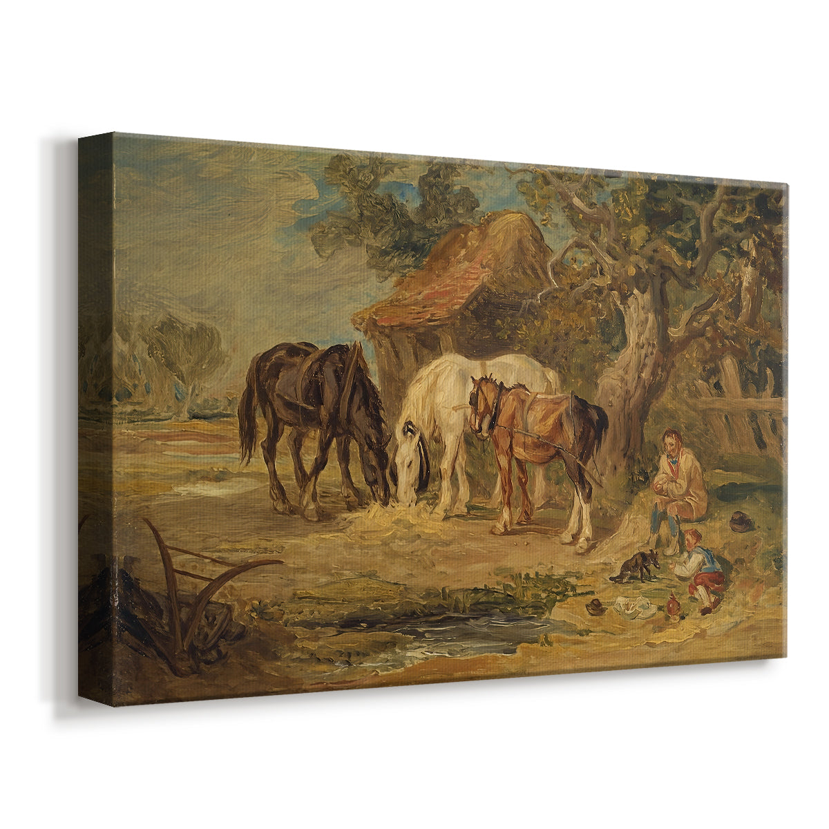 Canvas art print featuring a pastoral scene with animals eating in rural landscape, displayed at an angle