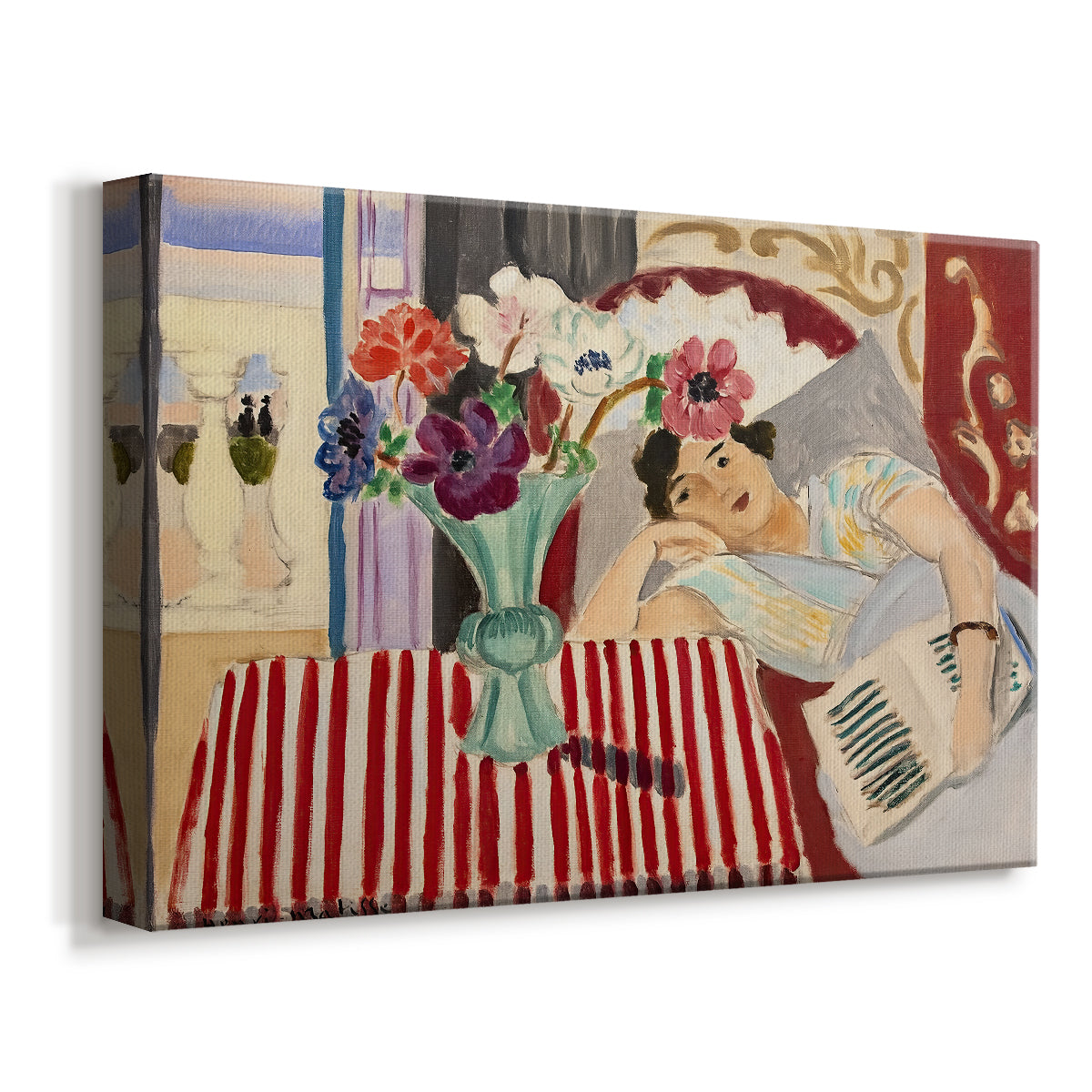 Canvas art print featuring a Fauvist portrait combining female figure and floral arrangement, displayed at an angle