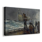 Canvas art print featuring a coastal scene with people reacting to vessel offshore, displayed at an angle