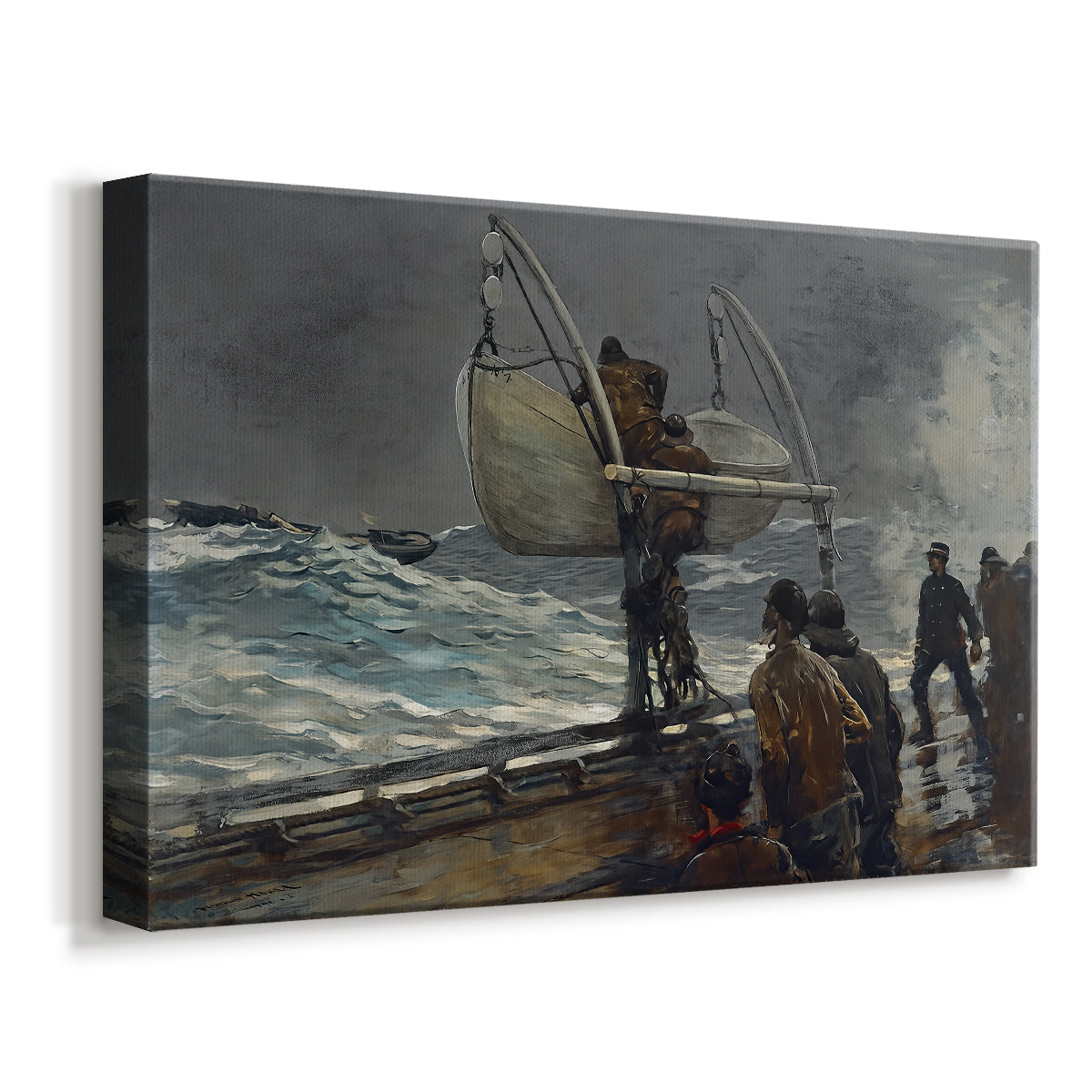 Canvas art print featuring a coastal scene with people reacting to vessel offshore, displayed at an angle