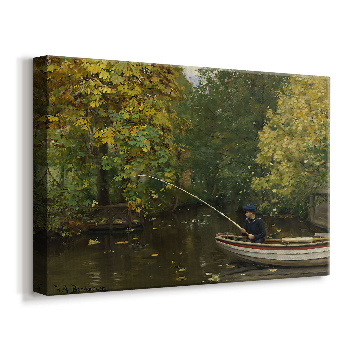 Canvas art print featuring a peaceful outdoor scene with child fishing near riverbank, displayed at an angle
