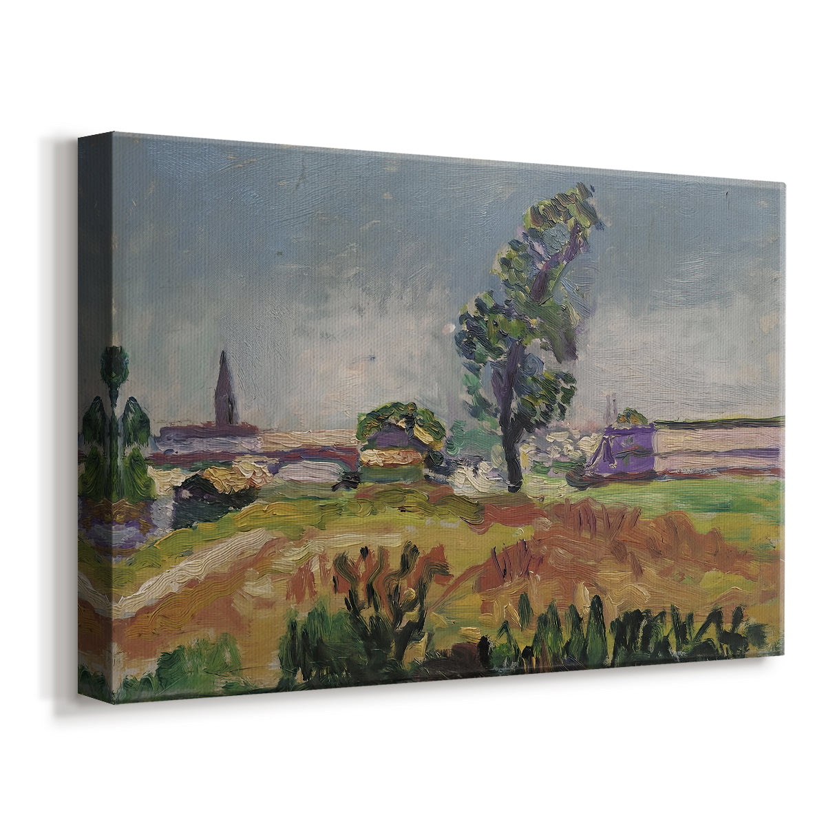 Canvas art print featuring an impressionist-style countryside scene with bridge and water, displayed at an angle