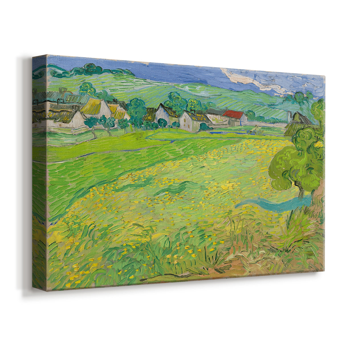 Canvas art print featuring an expressive countryside scene with buildings and terrain, displayed at an angle